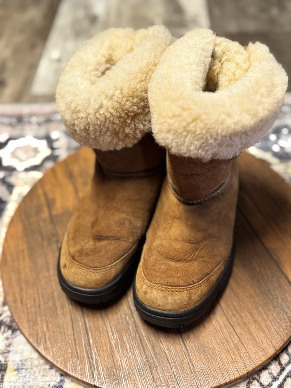 UGG Chestnut Suede Shearling Boot with Cream Cuff